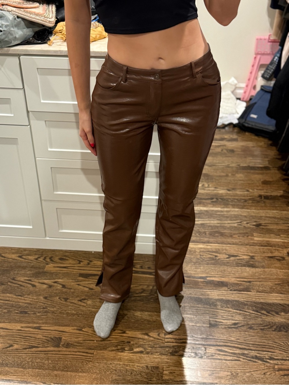 Brown Faux Leather Straight-Leg Pants - Women